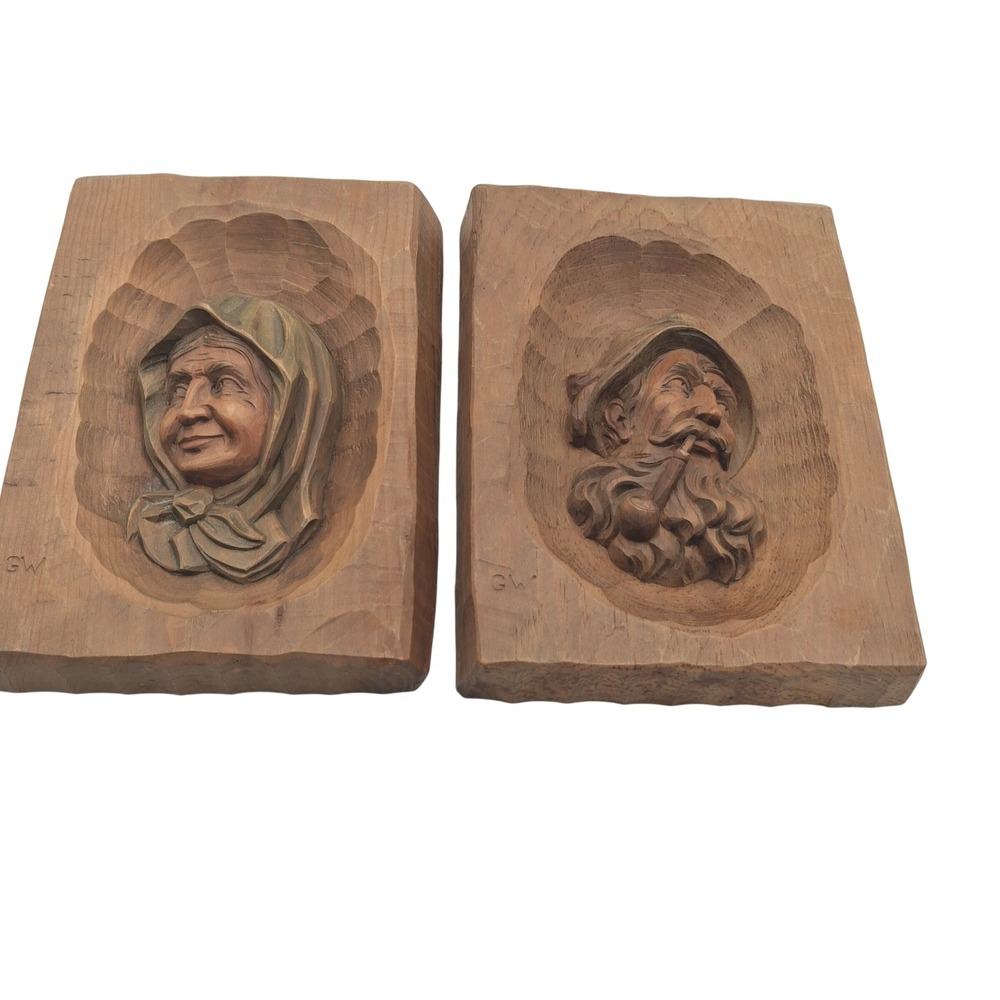 Vtg Hand Carved Wood Wall Plaques Signed GW Bavarian Art Man Pipe Woman Set of 2